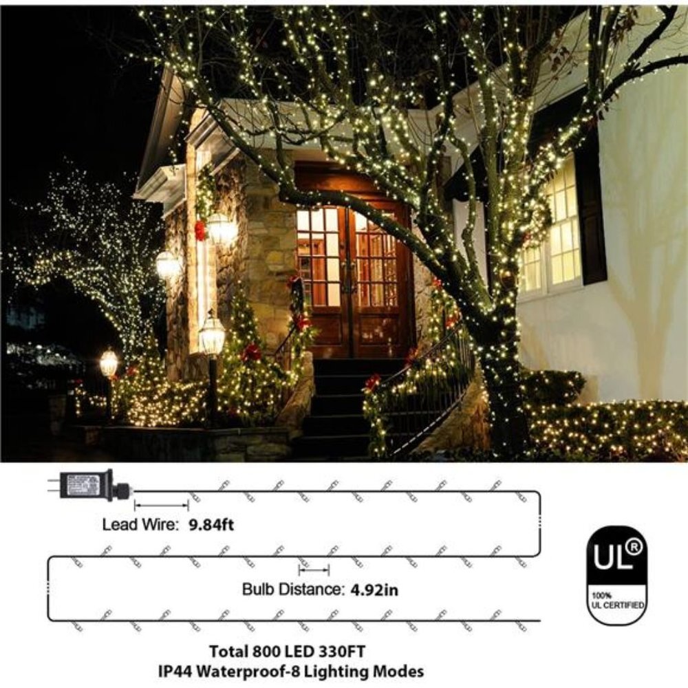 800LED 330FT Warm White String Lights, 8 Mode Plug in Waterproof Decor